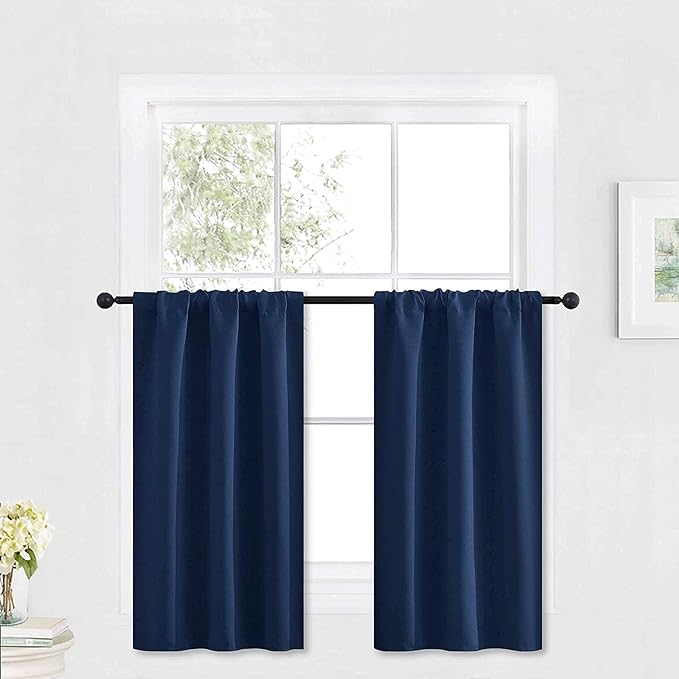 RYB HOME Blackout Cafe Curtains 30 inch Length, Short Light UV Heat Blocking Energy Saving Privacy Curtain Tiers for Basement Bathroom Kitchen Window, Width 29 by Length 30, Navy Blue, 2 Panels