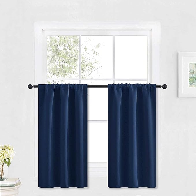 RYB HOME Kitchen Blackout Curtains Over Sink 36 inch Length, Rod Pocket Summer Light UV Blocking Energy Efficient, Cabinet Shelf Cupboard Coverings, Width 29 by Length 36, Navy Blue, 2 Panels