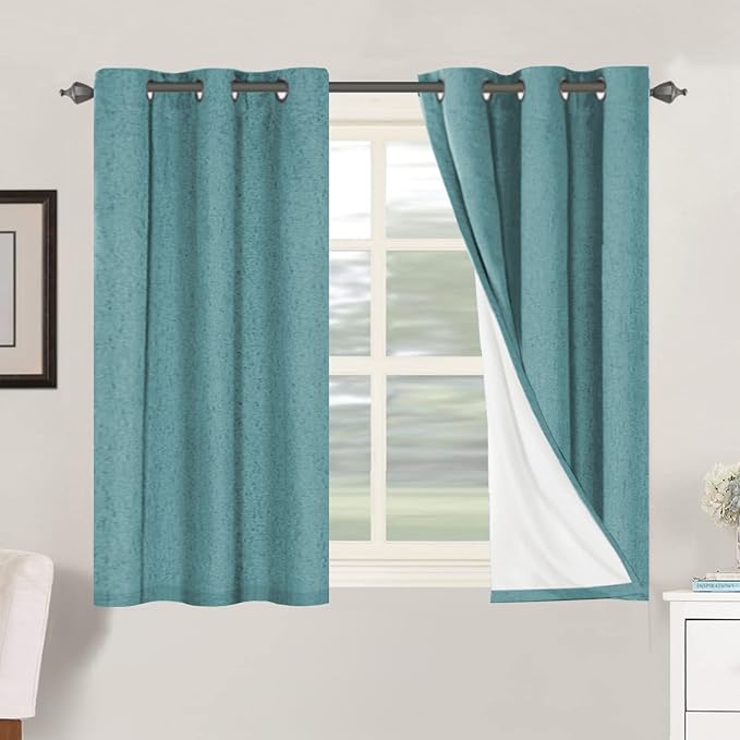 H.VERSAILTEX Primitive Linen Curtains 100% Blackout Curtain Drapes Burlap Fabric Curtains with White Thermal Insulated Liner, Grommet Top Curtain Living Room/Bedroom (2 Panels, 42 x 45 Inch, Teal)