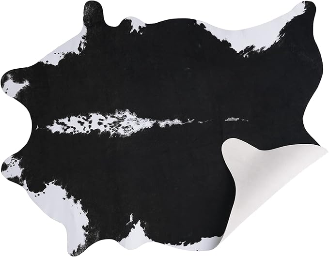 AROGAN Premium Faux Cowhide Rug 158 x 140 cm/5.2 x 4.6 feet, Durable and Large Size Cow Print Rugs, Suitable for Bedroom Living Room Western Decor, Faux Fur Animal Cow Hide Carpet, Black