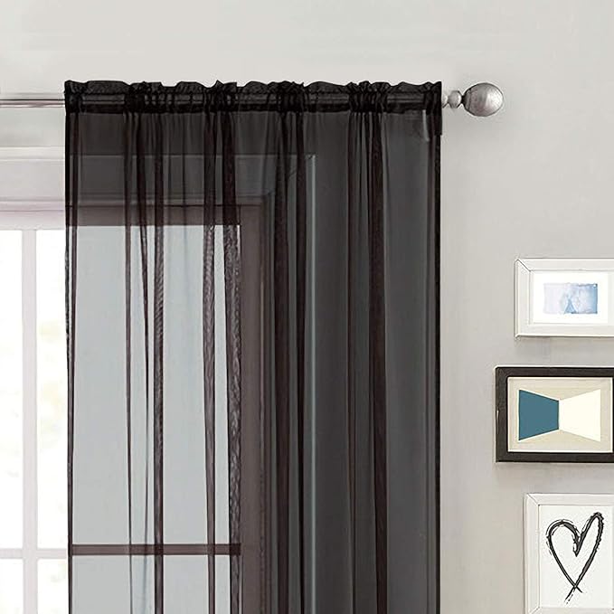 SpaceDresser Sheer Voile Window Treatment Rod Pocket Curtain Panels for Kitchen Bedroom Living Room Drapes Sunlight Filtering Privacy Semi Home Decor Assorted (Black, 52 W x 63 L)