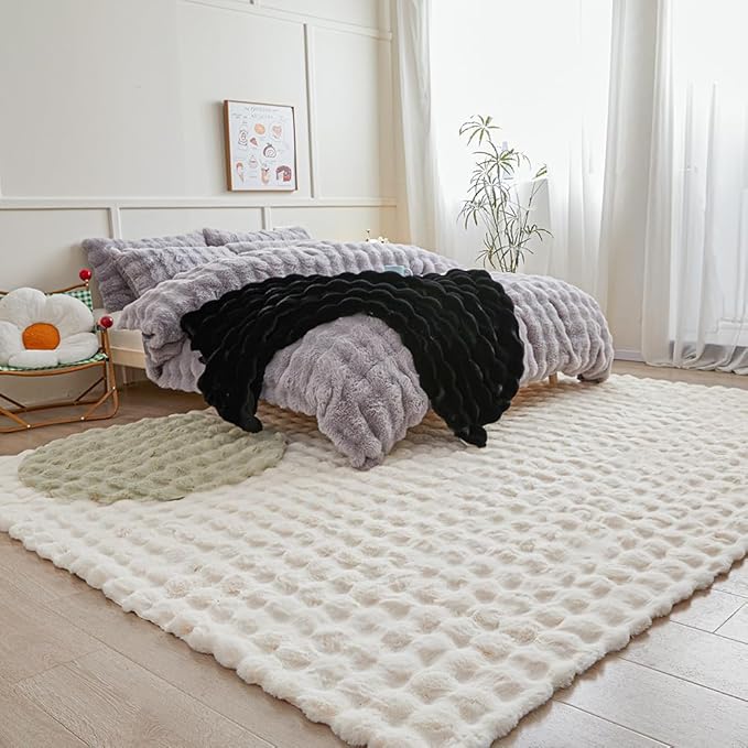 Creamy White Rabbit Plush Rug 8'x10', Fluffy Faux Fur Shaggy Area Rug for Nursery, Kids Room Decor, Soft Fuzzy Carpet for Living Room, Bedroom, Teen Girls Room