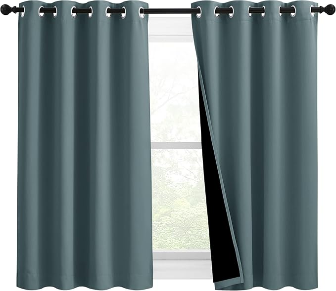 NICETOWN 100% Blackout Curtains 54 inches Long, Double-Deck Completely Blackout Window Treatment Thermal Insulated Lined Drapes for Small Window (Greyish Blue, 1 Pair, 46 inches Width Each Panel)