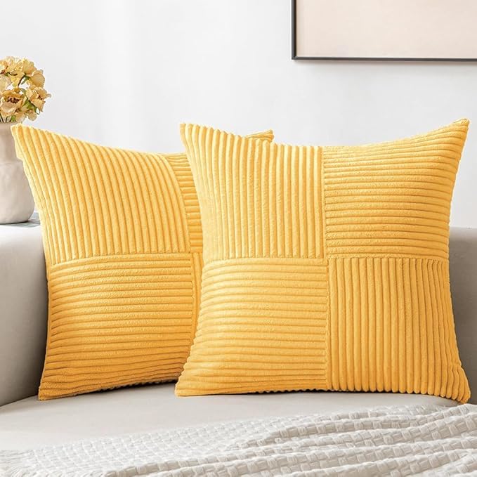 MIULEE Yellow Decorative Throw Pillow Covers 18x18 Inch for Couch Bed Sofa Pack of 2 Boho Farmhouse Throw Pillows Soft Cross Corduroy Patchwork Textured Cushion Cases