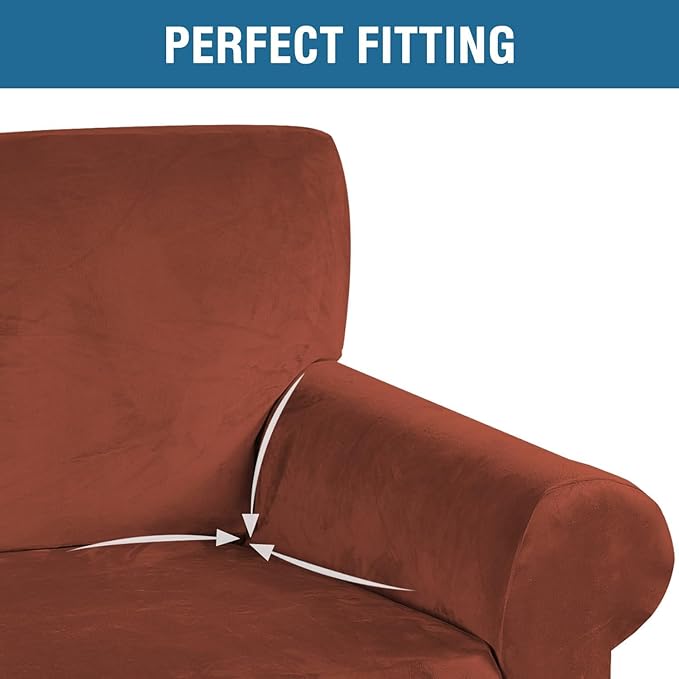 H.VERSAILTEX Stretch Velvet Sofa Covers for 3 Cushion Couch Covers Furniture Protector Soft with Non Slip Elastic Bottom, Crafted from Thick Comfy Rich Velour (Large Sofa 90"-97", Rust)