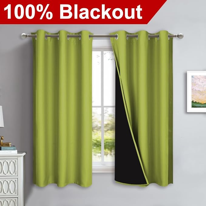 NICETOWN 100% Blackout Short Curtains with Black Liners, 2 Panels, 37" W by 50" L, Fresh Green, Solid Thermal Insulated Full Blackout 2-Layer Lined Drapes, Energy Efficiency Window Drapes for Bedroom