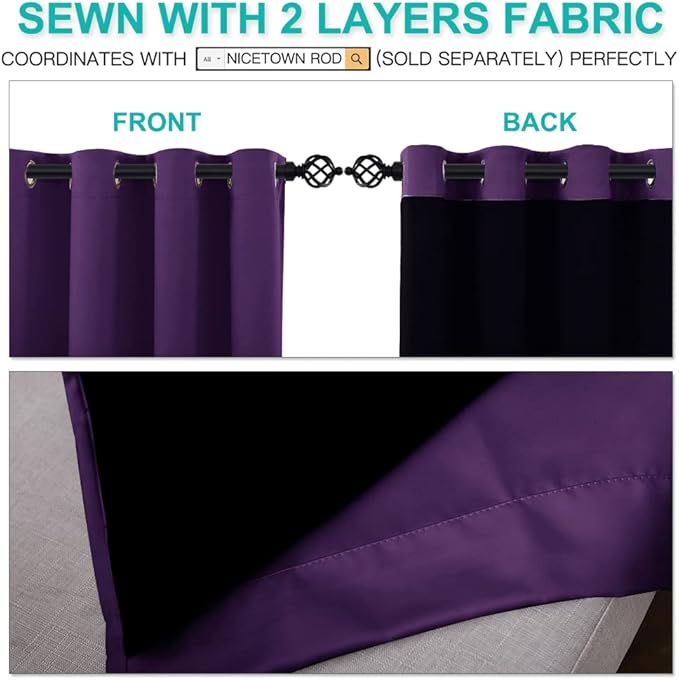 NICETOWN Cold Blocking 100% Blackout Curtains, Durable and Soft Black Lined Drapes for Living Room, Energy Saving Long Panels for Patio Sliding Glass Door, Royal Purple, 52 inches x 108 inches, 2 PCs