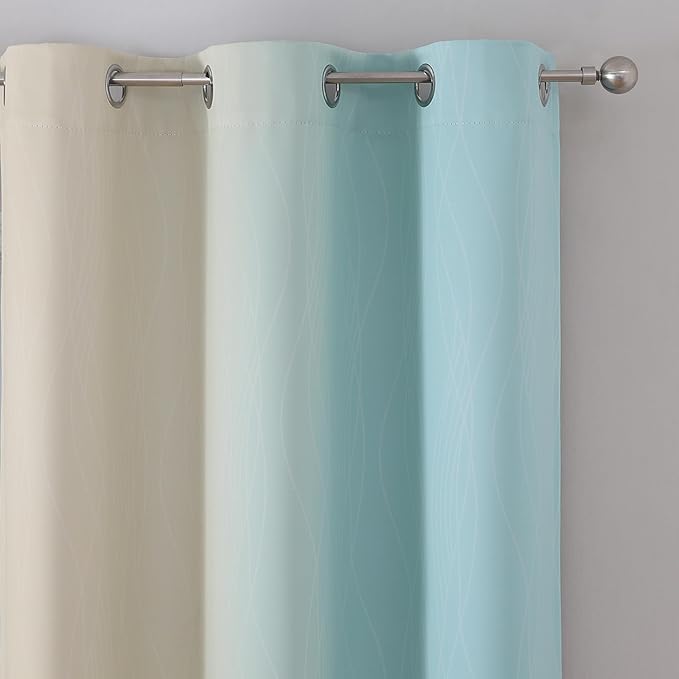 Estelar Textiler Aqua and Beige Blackout Curtains & Drapes for Bedroom, Thermal Insulated Ombre Blackout Drapes, Room Darkening Energy Saving Curtains for Living Room, 42Wx63L, 2 Panels