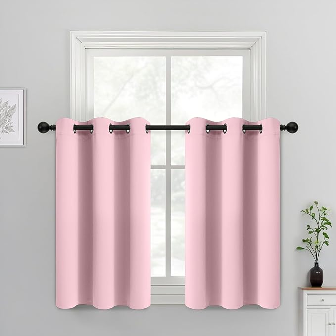 Yakamok Light Blocking Window Blackout Curtains Thermal Insulated Room Darkening Drapes for Bedroom,Solid Grommet Top Window Panels, 38x36 Inch, Pink, One Pair