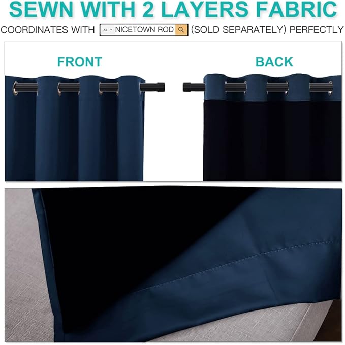NICETOWN 100% Blackout Curtain Set, Thermal Insulated & Energy Efficiency Window Draperies for Guest Room, Full Shading Panels for Shift Worker and Light Sleepers, Navy Blue, 52W x 84L, 2 PCs