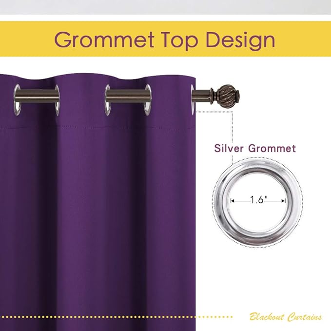 NICETOWN Blackout Window Curtains 60 inch Length 2 Panels, 34 x 60 Inch, Royal Purple, Grommet Top Room Darkening Thermal Insulated Solid Vertical Drapes for Bedroom/Kid Room