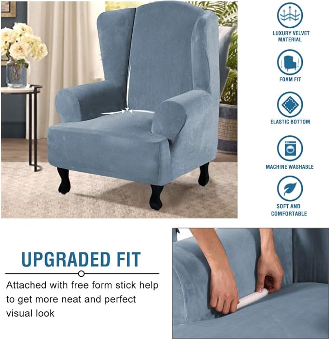 H.VERSAILTEX Wingback Chair Covers Velvet Plush Wing Chair Slipcover 1 Piece High Stretch Wing Back Chair Slipcovers Sofa Cover Furniture Cover with Elastic Bottom, Stone Blue