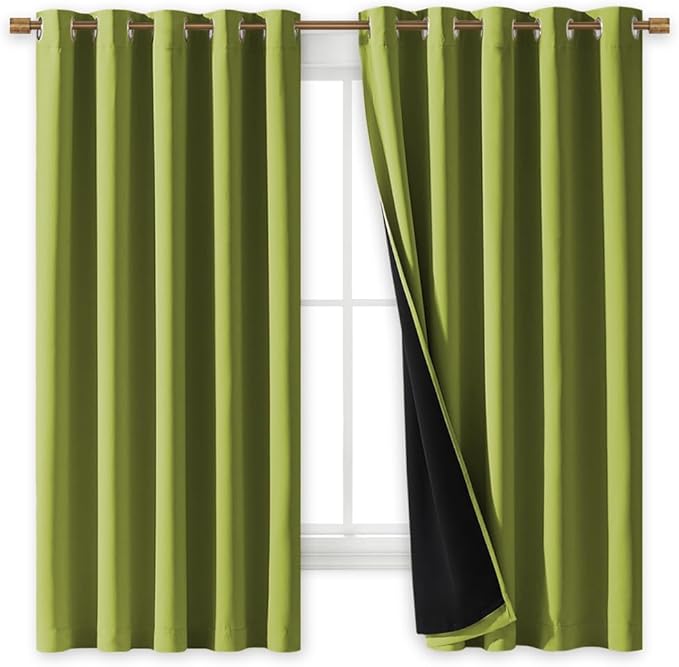NICETOWN 100% Blackout Lined Curtains, Fresh Green, 1 Pair, 70" Width x 63" Length Each Panel, 2 Thick Layers Completely Blackout Window Treatment Thermal Insulated Drapes for Kitchen/Bedroom