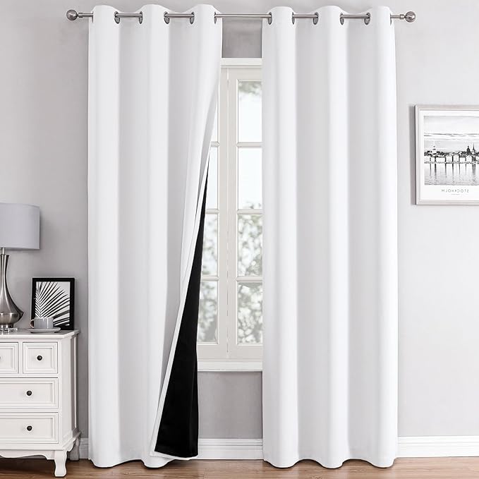 ChrisDowa White 100% Blackout Curtains for Bedroom with Black Liner, 2 Thick Layers Total Blackout Thermal Insulated Grommet Window Curtains 2 Panels Set (Pure White, 42 x 84 Inch)