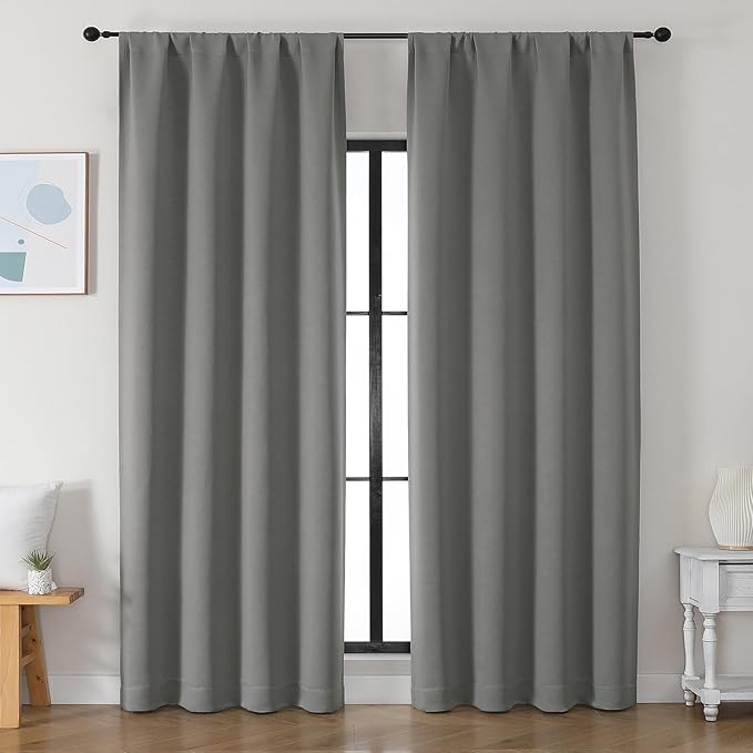 Simplebrand Ava Light Grey Blackout Curtains for Bedroom 90 Inches Long 2 Panels Set, Solid Privacy Energy Saving Living Room Window Treatment Curtains Blackout Drapes, W50 x L90 Inch, Light Grey