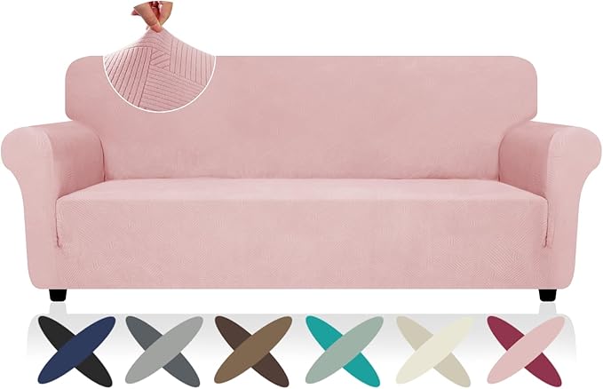 ZNSAYOTX Super Stretch Sofa Cover (72"-92"), New Striped Sofa Covers Fitted Slipcovers with Elastic Bottom, Dog Cat Pets Proof Spandex Washable Fabric Comfortable & Durable (Rose, Sofa)