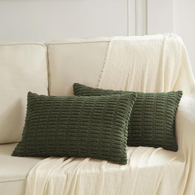 Fancy Homi 4 Packs Boho Olive Green Decorative Throw Pillow Covers 12x20 Inch for Couch Bed Sofa, Rustic Modern Farmhouse Home Decor, Soft Plush Corduroy Cute Square Cushion Case 30x50 cm
