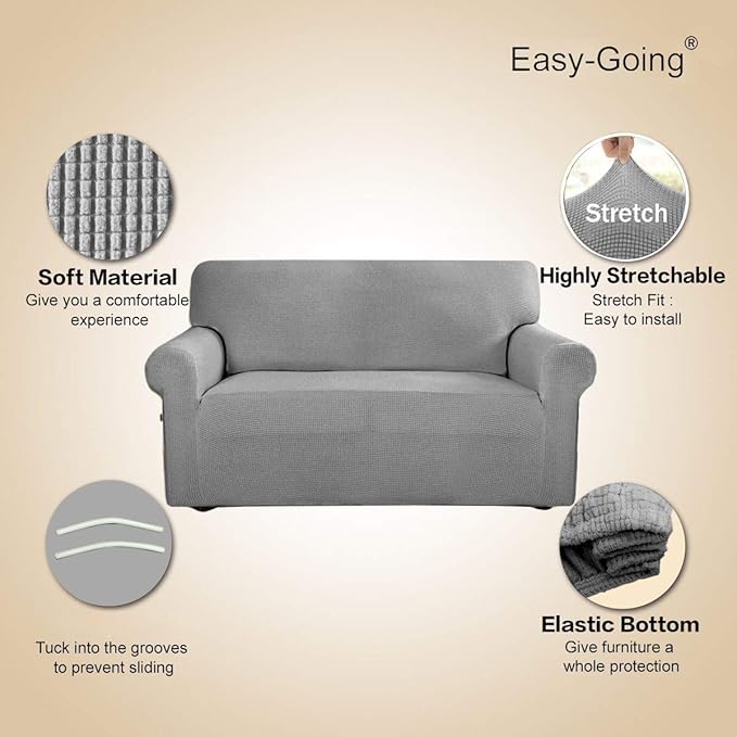 Easy-Going Stretch Loveseat Slipcover 1-Piece Sofa Cover Furniture Protector Couch Soft with Elastic Bottom for Kids Polyester Spandex Jacquard Fabric Small Checks (Loveseat, Light Gray)