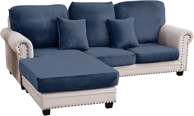 Couch Cover 3-Piece Elastic Velvet Couch Cushion Covers & Chaise Slipcovers for L-Shaped Sofas, Sofa Seat Covers Washable, Soft Cover for Couches (2 Seater + Chaise, Berlin Blue)