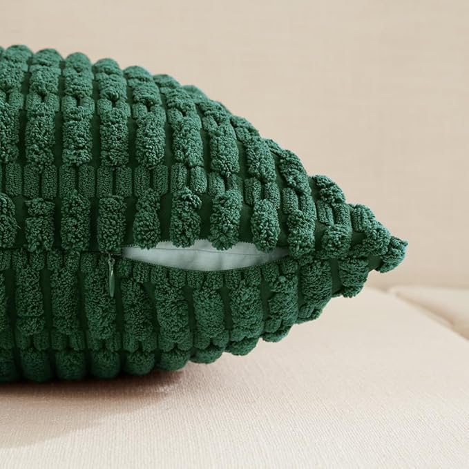 Fancy Homi Set of 4 Dark Green Boho Decorative Throw Pillow Covers 18x18 Inch for Couch Bed Sofa, Aesthetic Modern Bohemian Room Decor, Soft Fuzzy Fluffy Cozy Corduroy Textured Cushion Case 45x45cm