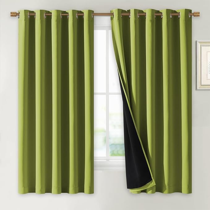 NICETOWN 100% Blackout Lined Curtains, Fresh Green, 1 Pair, 70" Width x 63" Length Each Panel, 2 Thick Layers Completely Blackout Window Treatment Thermal Insulated Drapes for Kitchen/Bedroom