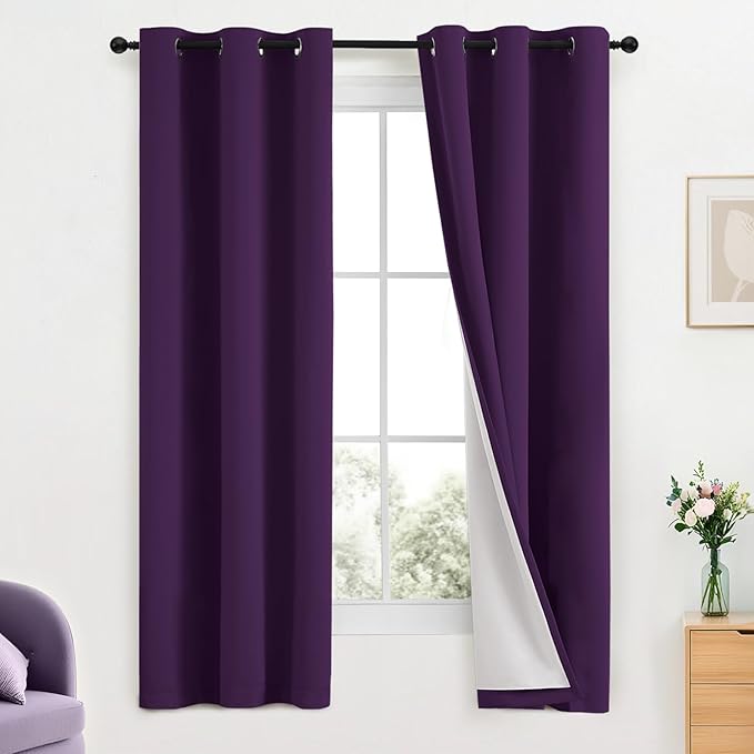 Yakamok Room Darkening 100% Blackout Curtains Grommet Window Treatments with 2 Thick Layers-Purple Thermal Insulated Drapes Set of 2 Panels for Bedroom Living Room 38 Inches by 63 Inches Length