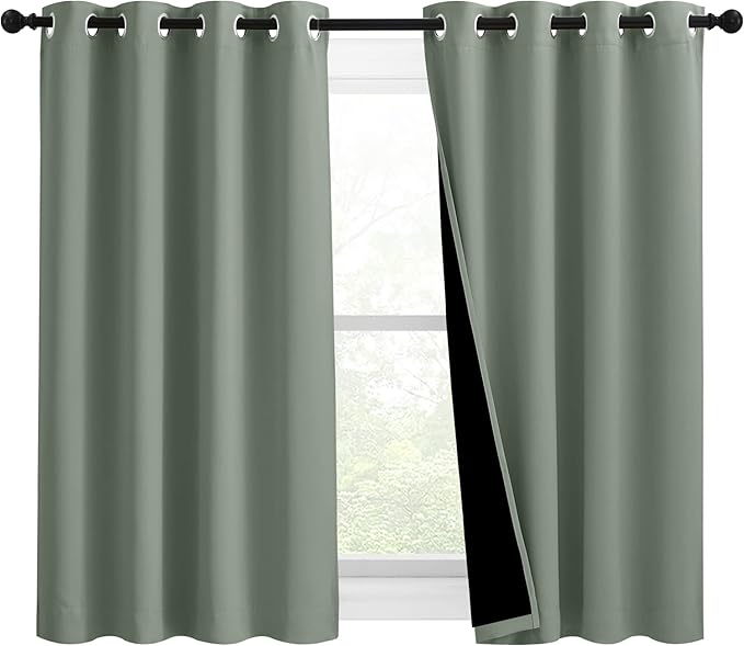 NICETOWN 100% Blackout Curtains 54 inches Long, Double-Deck Completely Blackout Window Treatment Thermal Insulated Lined Drapes for Small Window (Greyish Green, 1 Pair, 46 inches Width Each Panel)