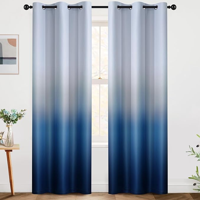 SimpleHome Ombre Curtains 42 x 84 Inch for Bedroom 2 Panels, Gradient Grey White to Blue Light Blocking Thermal Insulated Grommet Room Darkening Window Curtain/Drapes for Living Room