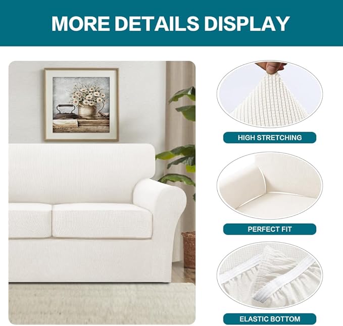 Turquoize 4 Piece Sofa Covers for 3 Cushion Couch Sofa Slipcover Soft Couch Cover for Dogs-Washable Sofa Furniture Cover with 3 Individual Cushion Covers (3 Cushion Sofa, Porcelain)