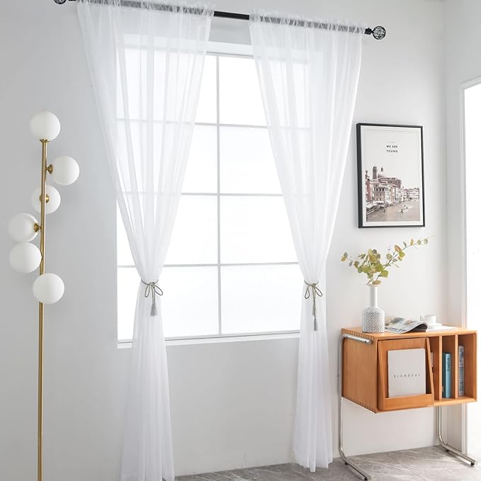 SpaceDresser Basic Rod Pocket Sheer Voile Window Curtain Panels White 1 Pair 2 Panels 52 Width 72 Inch Long for Kitchen Bedroom Children Living Room Yard(White,52 W x 72 L)