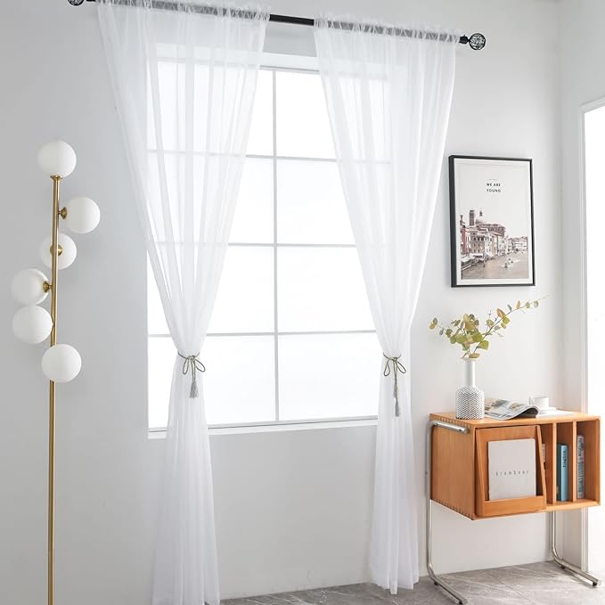SpaceDresser Basic Rod Pocket Sheer Voile Window Curtain Panels White 1 Pair 2 Panels 38 Width 84 Inch Long for Kitchen Bedroom Children Living Room Yard(White,38 W x 84 L)