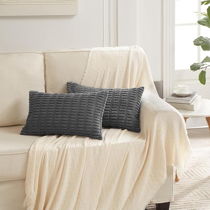 Fancy Homi 4 Packs Dark Grey Decorative Throw Pillow Covers 12x24 Inch for Couch Bed, Rustic Modern Farmhouse Boho Home Decor, Soft Plush Corduroy Gray Cute Square Accent Cushion Case 30x60 cm