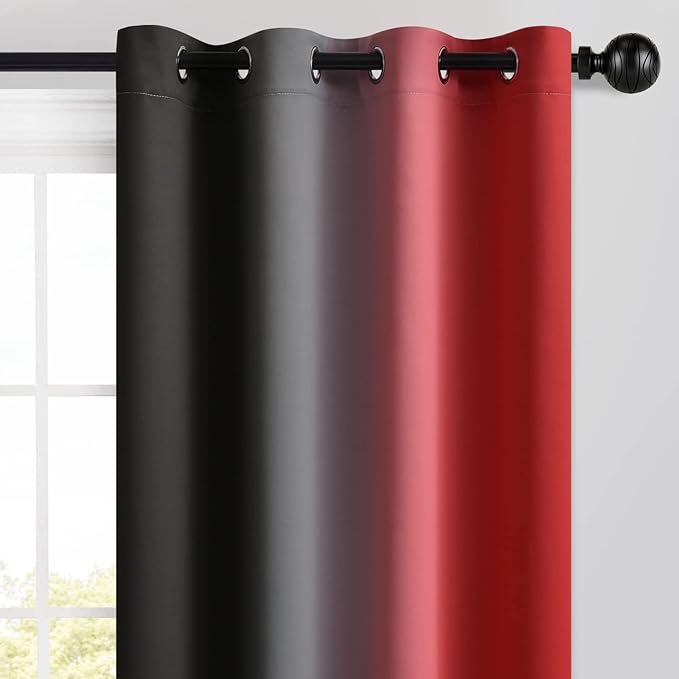 Yakamok Blackout Ombre Black and Red Curtains for Bedroom, Gradient Room Darkening Curtains, Grommet Thermal Insulated Full Light Blocking Window Drapes/Curtain for Living Room,52 x 63 Inch,2 Panels