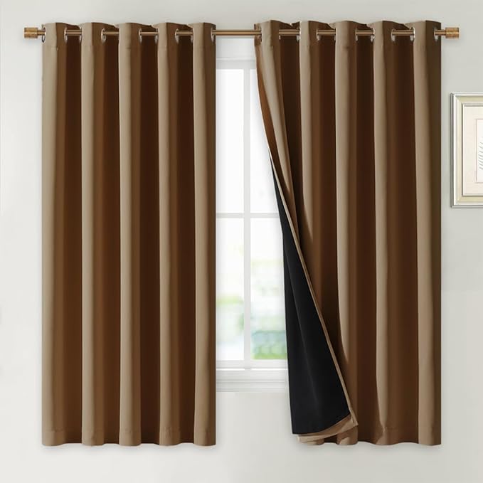 NICETOWN 100% Blackout Curtains with Black Liners, Gold Brown, 2 Panels, 62-inch W by 63-inch L, Thermal Insulated Full Blackout 2-Layer Lined Drapes, Energy Efficiency Window Draperies for Bedroom