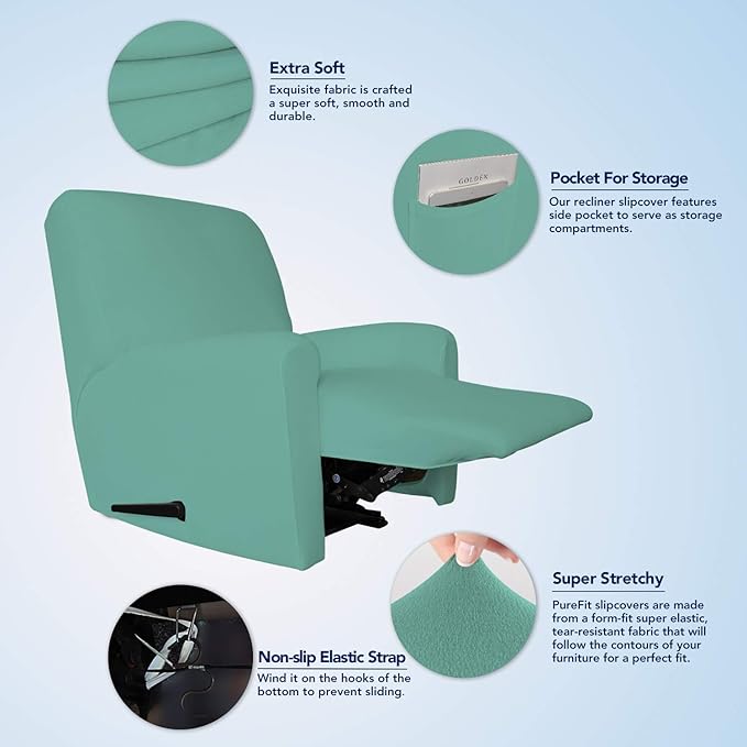 PureFit Super Stretch Chair Sofa Slipcover with Pocket – Spandex Non Slip Soft Couch Sofa Cover, Washable Furniture Protector with Elastic Bottom for Kids, Pets （Recliner, Cyan）