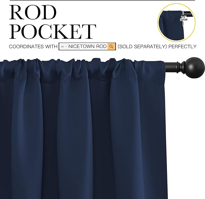 NICETOWN Kitchen Curtains, Short Blackout Curtains & Drapes, Thermal Insulated Blackout Curtain Panels for Kids Room, Play Room (Navy, 42" Wide by 54" Long, 2 PCs)