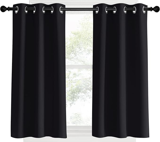 NICETOWN Blackout Bedroom Curtains for Windows 40 inch Long, Black, 2 Panels, 34 in Wide, Solid Thermal Insulated Grommet Light Reducing Black Panels Window Treatment for Kitchen/Cafe
