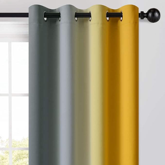 Yakamok Ombre Yellow and Grey Curtains for Bedroom, Gradient Room Darkening Curtains, Grommet Thermal Insulated Light Blocking Window Drapes/Curtain for Living Room,52 x 72 Inch,2 Panels