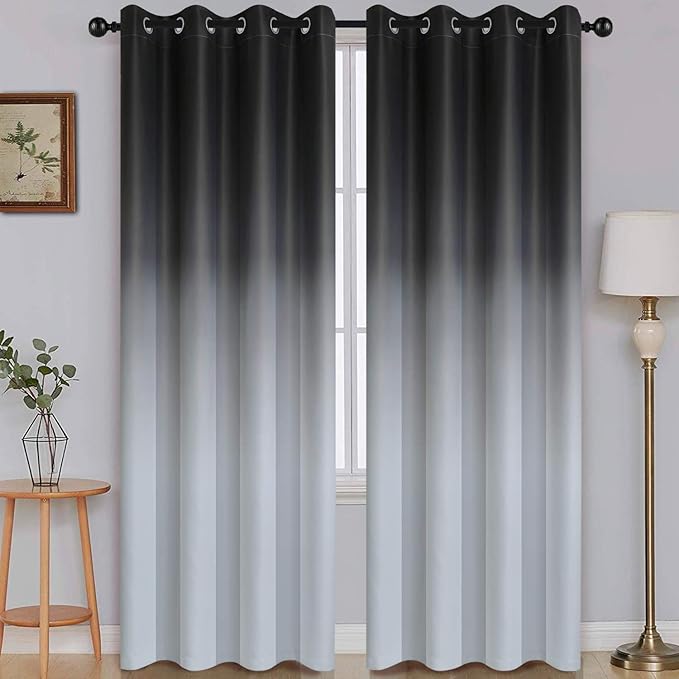 SimpleHome Ombre Room Darkening Curtains for Bedroom, Gradient Black to Gray White Light Blocking Thermal Insulated Grommet Window Curtains/Drapes for Living Room,2 Panels, 52x96 inches Length