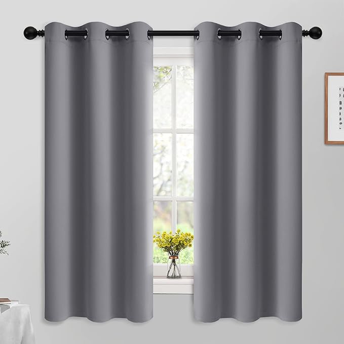 Yakamok 63 Inch Length Grey Blackout Curtains for Bedroom, Thermal Insulated Room Darkening Grommet Top Window Drapes for Living Room,42W x 63L,2 Panels