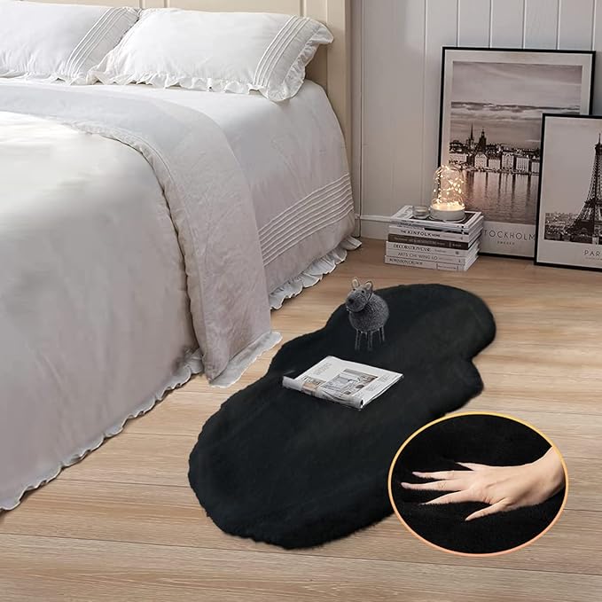 ORINOVA Black Faux Rabbit Washable Fur Area Rugs for Bedroom Small Fluffy 2x4 Fur Rug Chair Cushion Living Room Décor