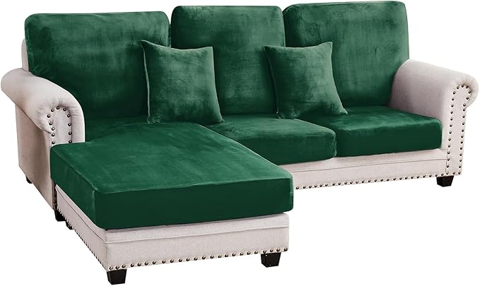 Couch Cover 3-Piece Elastic Velvet Couch Cushion Covers & Chaise Slipcovers for L-Shaped Sofas, Sofa Seat Covers Washable, Soft Cover for Couches (2 Seater + Chaise, Christmas Green)