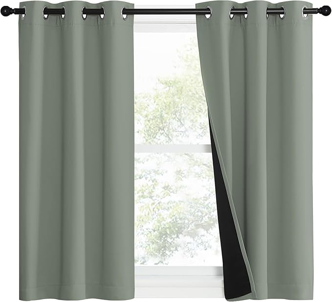 NICETOWN 100% Blackout Window Curtain Panels, Heat and Full Light Blocking Drapes with Black Liner for Nursery, 50" Drop Thermal Insulated Draperies (Greyish Green, 2 Pieces, 37" Wide Each Panel)