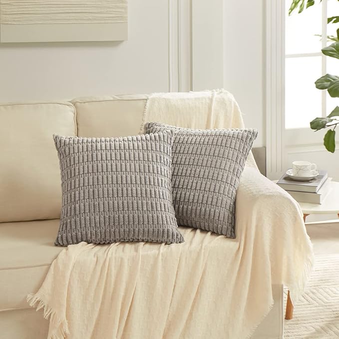 Fancy Homi 4 Packs Grey Decorative Throw Pillow Covers 16x16 Inch for Living Room Couch Bed, Rustic Modern Farmhouse Boho Home Decor, Soft Plush Corduroy Gray Cute Square Accent Cushion Case 40x40 cm