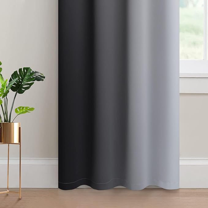 Yakamok Light Blocking Ombre Curtains, Greyish White and Black Gradient Color Curtains, Room Darkening Grommet Window Drapes for Bedroom(Black, 52x90 Inch, 2 Panels)