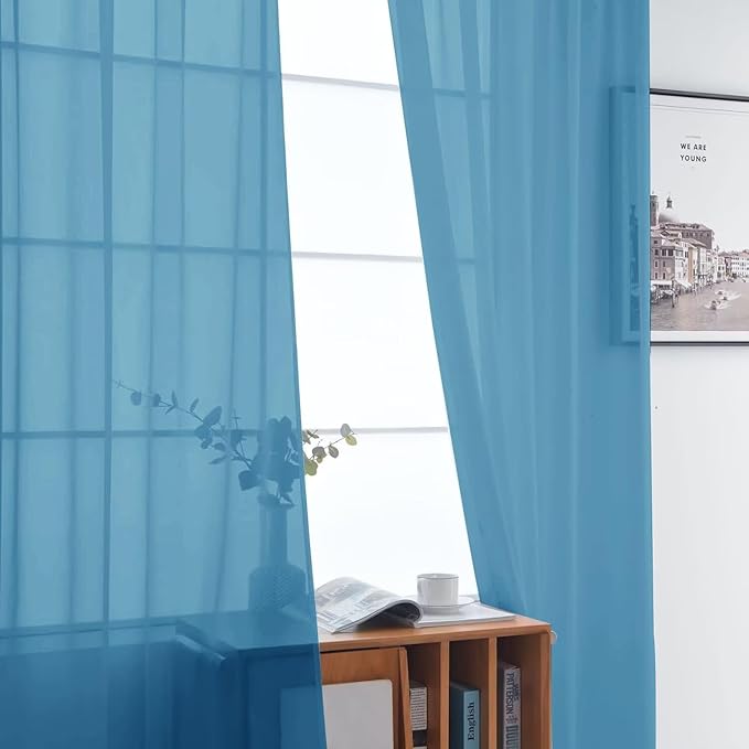 SpaceDresser Basic Rod Pocket Sheer Voile Window Curtain Panels Blue 1 Pair 2 Panels 52 Width 108 Inch Long for Kitchen Bedroom Children Living Room Yard（Blue, 52W x 108L）