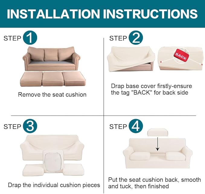 Turquoize 4 Piece Sofa Covers for 3 Cushion Couch Sofa Slipcover Soft Couch Cover for Dogs-Washable Furniture Cover with 3 Individual Covers (3 Cushion Sofa, Cream)