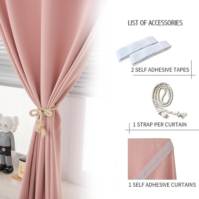 Self Adhesive Blackout Curtains- Stick on Curtains Shades Window Blinds Curtains No Rod Needed Easy to Hang Curtain, Use for Bedroom, Living Room,Roman Shades, 35" W X 59" L, Pink, 1 Panel