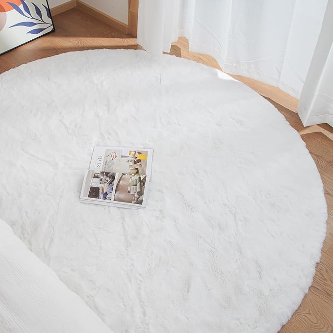 ORINOVA White Round Shag Rugs 6ft Faux Rabbit Washable Fur Area Rugs for Living Room Circle Fluffy Rugs for Bedroom Boho Rug Home Room Décor
