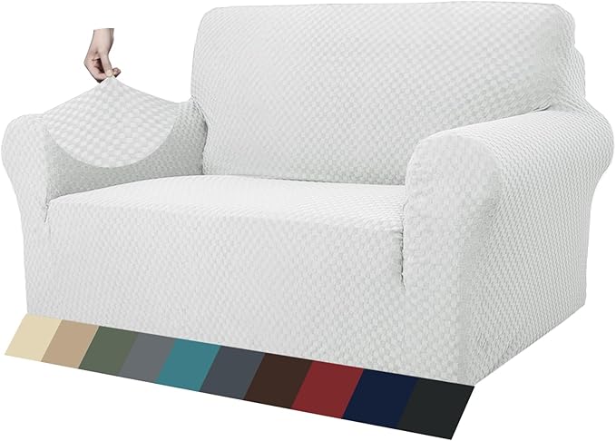 ZNSAYOTX 1 Piece Jacquard Couch Covers for 2 Cushion Couch High Stretch Loveseat Slipcover for Pets Dogs Anti Slip Love Seat Sofa Slipcover Furniture Protector (Medium, White)